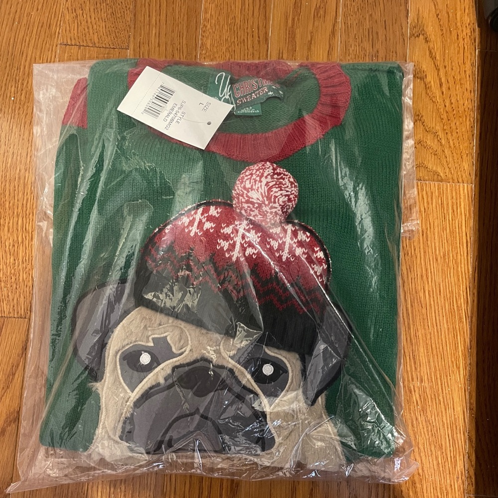 Ugly Christmas Sweater featuring a beloved pug. Size L.